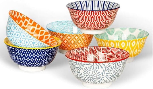 KitchenTour Ceramic Bowls Set - 10 oz Serving Bowls For Kitchen - Cereal, Ice Cream, Soup, Salad, Rice, Dessert Ceramic Bowls - Assorted Colorful Set of 6 - Microwave Dishwasher Safe - 5 Inch