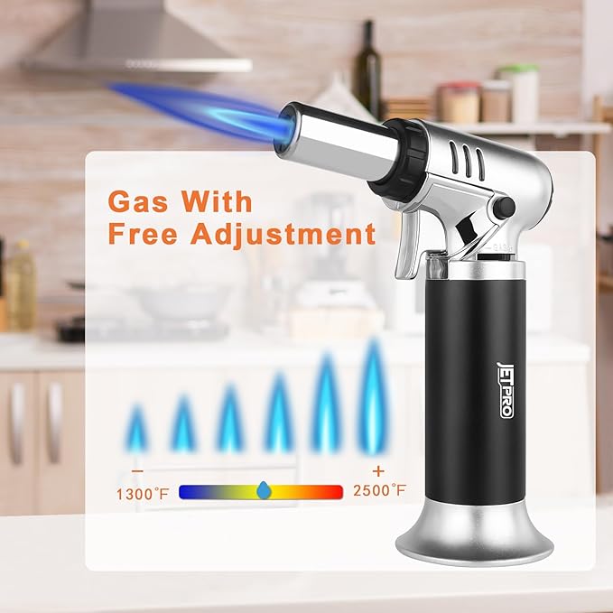 Butane Torch Lighter Refillable with Adjustable Flame Kitchen Torch for Creme Brulee Baking BBQ Cooking Soldering One Hand Operation with Fuel Window Safety Lock (Butane Gas Not Included)