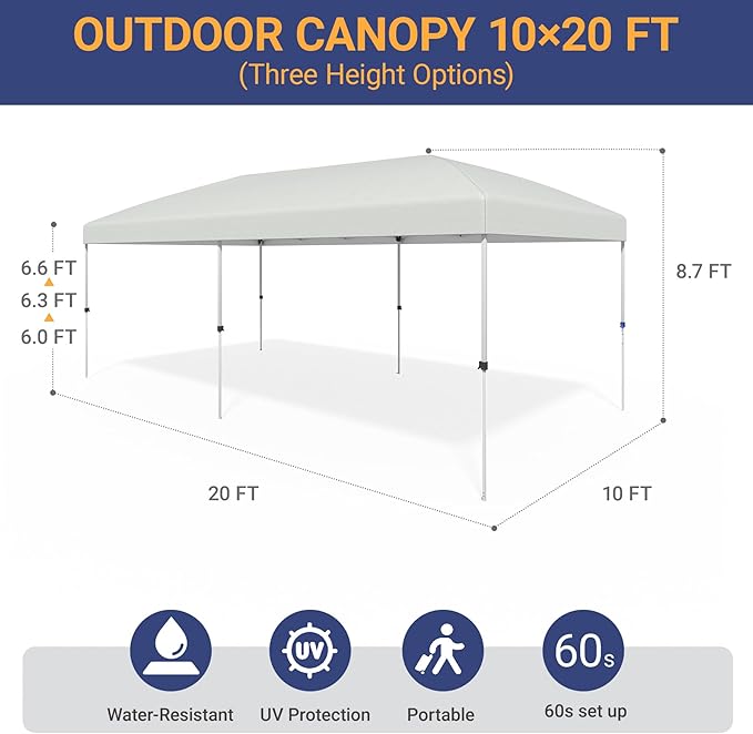 10x20 Pop Up Canopy - Instant Setup Beach Tent with Wheeled Carry Bag, 12 Sandbags & 6 Guy Lines, Portable Sun Shade for Camping, Events, Silver Coated Top, White