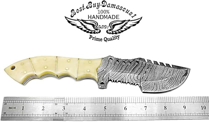 Camel Bone 9.5'' Tracker Knife - Fixed Blade Handmade Damascus Steel Outdoors & Sports Camping Hunting Knife