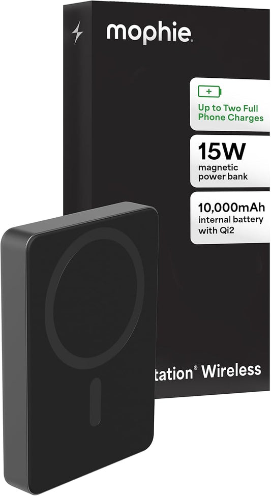 Mophie Powerstation Wireless 10,000mAh Power Bank – MagSafe Compatible, 15W Qi2-Certified, 30W USB-C PD Fast Charging, Slim Battery Pack for iPhone, Android, Travel & Airplane Use