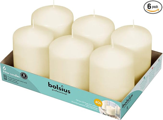BOLSIUS 6 Ivory Pillar Candles Bulk - 3x4 Inches Candle Set - 40+ Hours Clean Burning - No Palm Oil - 0% Animal Fat - Premium European Quality - Unscented Dripless Restaurant Pillars