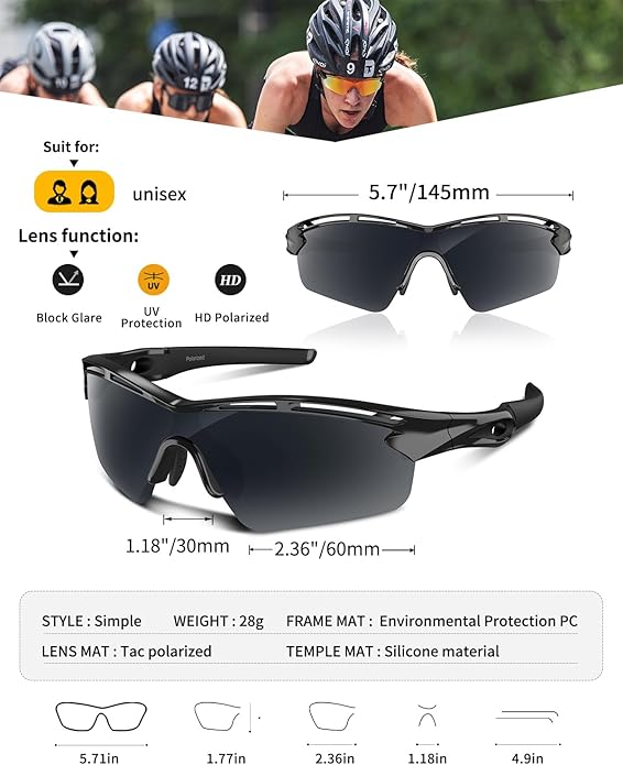 Rosemal Sports Sunglasses Polarized Cycling Sunglasses Running Driving Fishing Hiking for Men Women UV400 TAC TR90