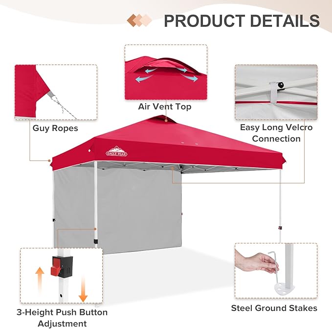 EAGLE PEAK Pop Up Canopy Tent with 1 Sidewall, Easy Setup Event Tent, Outdoor Sun Shade, Wheeled Carry Bag, Stakes and Guy Ropes, Instant Canopy 12x12, Red