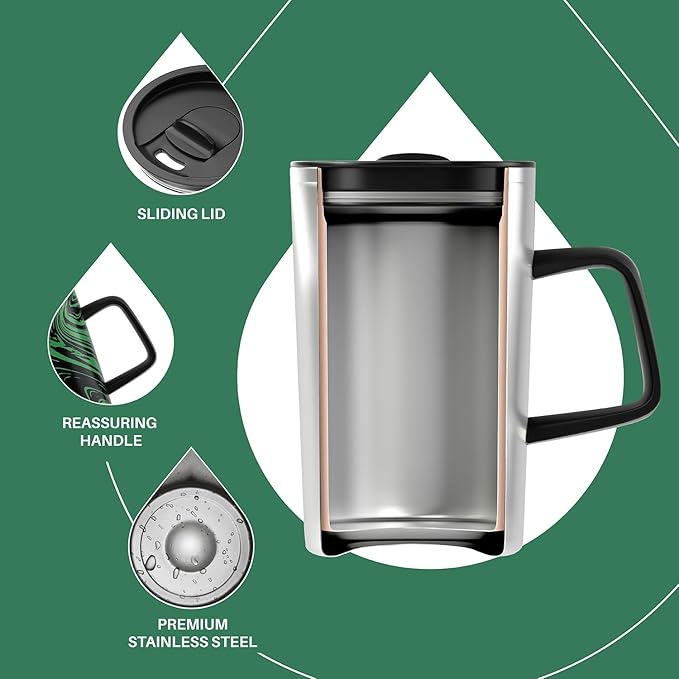 Ideus Vacuum Insulated Coffee Mug, 16oz Reusable Stainless Steel Thermal Double Walled cup with Handle and Slider Lid for Hot & Cold Beverages, BPA Free (Green Zebra)