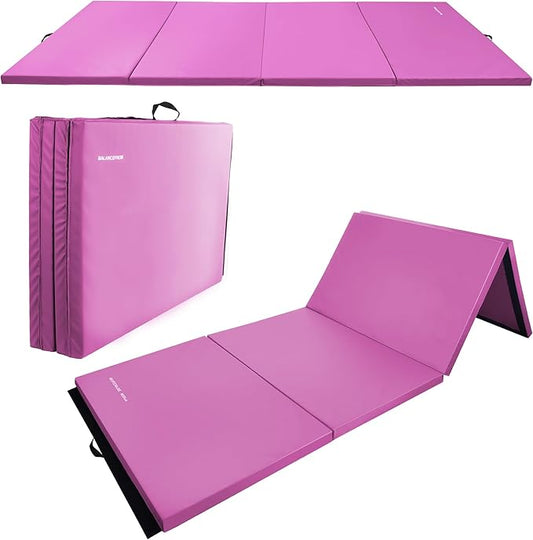 Folding Exercise Gymnastics Mat, 4'x8'x2" Gym Workout Mat with Carrying Handles 4-Fold High-Density Anti-Tear Portable Fitness Aerobics Mat for Home Gym Yoga Pilates Tumbling MMA Core Training