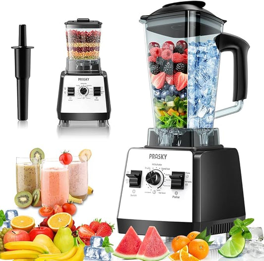 Blenders for Kitchen, Smoothie Blender, 2400W/1000W Prasky Blender & Grinder Combo, 25,000 RPM High Speed, 68oz BPA-Free Food Processor, Countertop Blender for Smoothies, Shakes & Food (White, 2L)