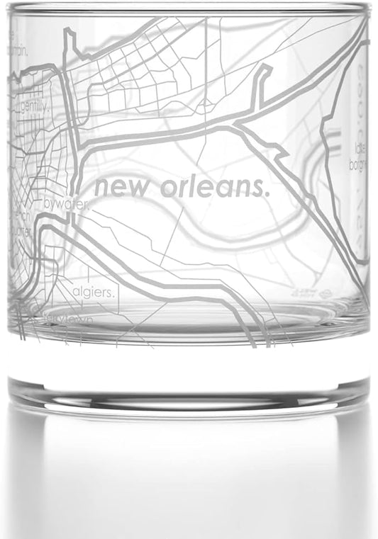 Well Told Engraved New Orleans Louisiana Map Rocks Glass, Old Fashioned Whiskey Glass (11 oz, Clear) Etched Whiskey Glass, Gifts For Whiskey Lovers