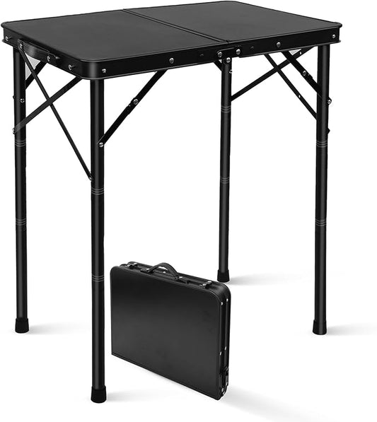 Folding Camping Table, Pure Black 2ft Picnic Table Metal Legs MDF Tabletop, Small Outdoor Table Adjustable Height, Lightweight, Portable Handle for Travel Cooking