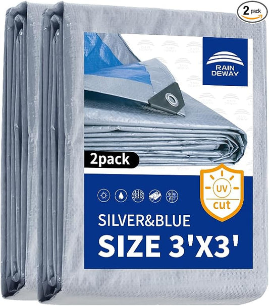 RAINDEWAY Small Tarps Waterproof 3x3 Feet（Pack of 2） 5.5 Mil Thick, Multipurpose Waterproof Poly Tarp Cover，Camping Tarpaulin Silver/Blue Tarp Finished Size
