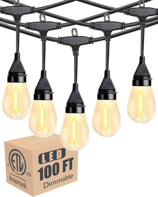 Lightdot 100FT Outdoor String Lights, LED Bistro String Lights with Shatterproof S14 Bulbs, 2200K Dimmable, Waterproof Hanging Lights for Porch, Party, Garden, Backyard, Balcony - ETL Listed