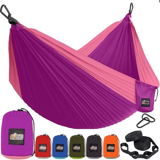 GORILLA GRIP Durable Portable Camping Hammock, Holds 400lbs with Heavy Duty Tree Straps, Comfortable Travel Swing, Camp Hammocks, Easy to Use and Install, Outdoor Essentials, Purple, 9x4.5 FT