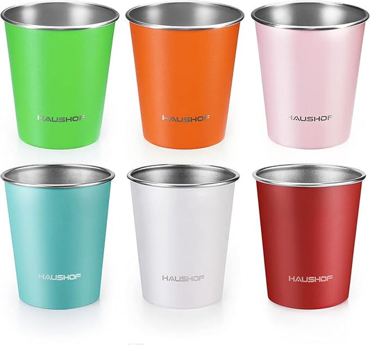 HAUSHOF Pint Cup, 14 oz Stainless Steel Cups, Stackable Metal Drinking Cups, Stacking Beer Pint Cups for Home, Party, Camping, Outdoor, Unbreakable, 6 Pack