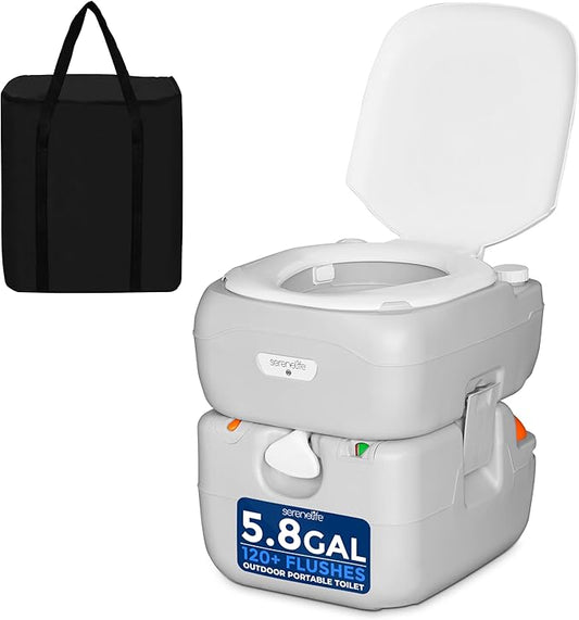 SereneLife 5.8 Gal Portable Toilet for Adults – Leak-Proof Camping Toilet with Detachable Waste Tank, Flush System, Level Indicator, Carry Bag & Hand Sprayer for RV, Tent, Hiking, Travel & Home Use