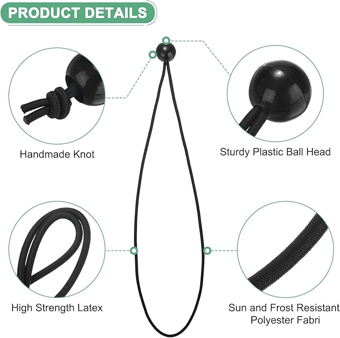 50-Pack Ball Bungee Cords, 15 Inch High Elastic Canopy Tarp Tie Down Bungee Balls for Camping/Tent/Cargo Holding Wire Hoses/Patio Umbrellas/Shelter [Black]