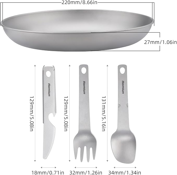 Titanium Camping Plate Utensil Set of 4, Ultralight Titanium Plate Dish with Knife Fork Spoon, Portable Outdoor Camping Tableware Cutlery Cookware for Backpacking Hiking Travelling Picnic BBQ