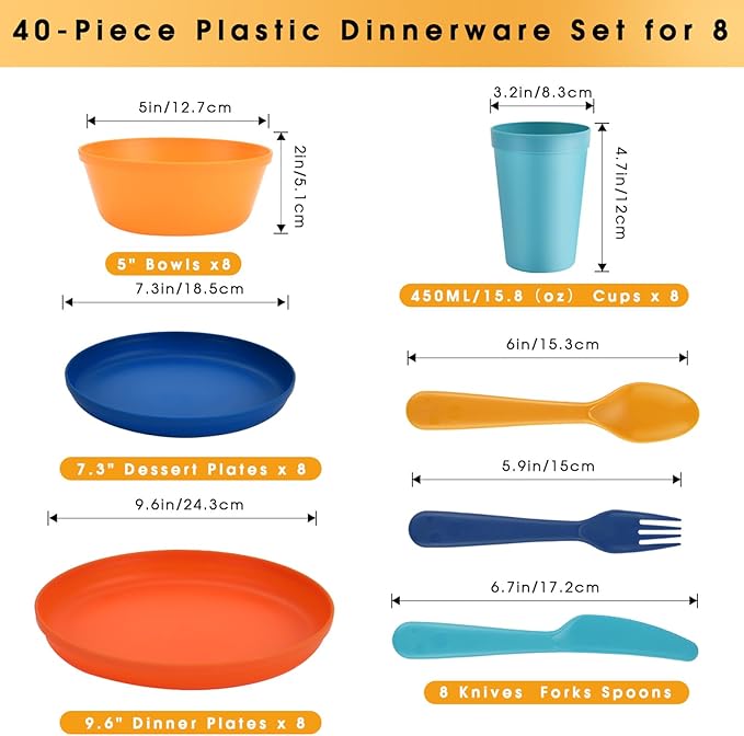 Plastic Dinnerware Sets – 40-Piece Colorful Plates and Bowls Set for 8, Reusable Unbreakable Fiesta Style Party Dishes with Cups, Knives, Forks and Spoons, for Outdoor, Picnic or Everyday Use