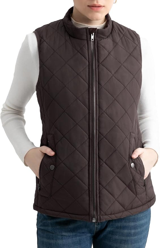 Women's Vest, Quilted Puffer Water-Resistant Zip With Pockets