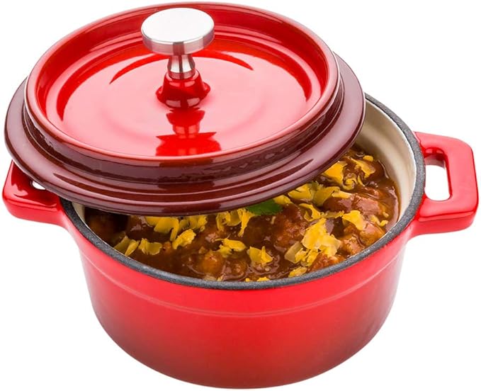 Restaurantware 8 Ounce Mini Casserole Dish 1 Mini Dutch Oven With Lid - Enameled Round Red Cast Iron Mini Cocotte Heavy-Duty For Baking Braising Or Roasting
