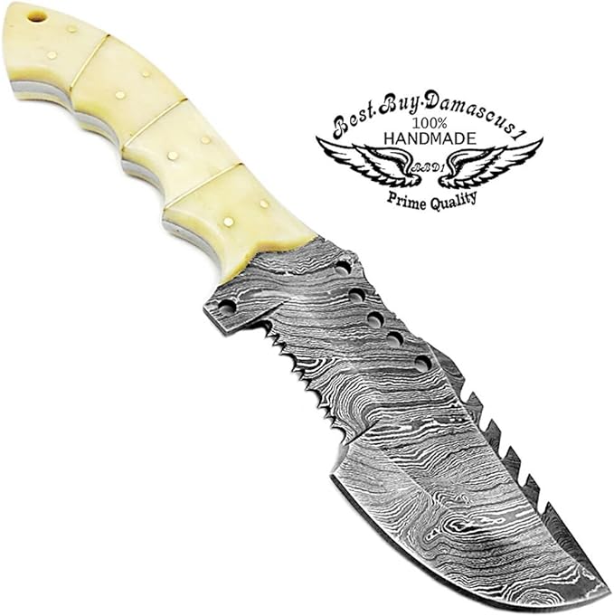 Camel Bone 9.5'' Tracker Knife - Fixed Blade Handmade Damascus Steel Outdoors & Sports Camping Hunting Knife