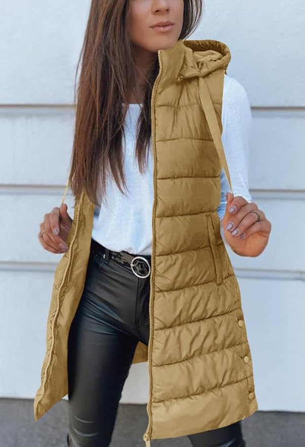 Veatzaer Women Long Vest Solid Color Sleeveless Hood Winter Puffer Vest Outwear