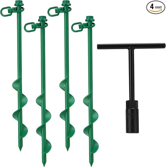 Hiboom Ground Anchor Screw Heavy Duty Earth Anchors Tent Stakes for High Wind with T Handle Hex Wrench Trampoline Hook Ground Stakes for Camping Canopies Car Ports Sheds