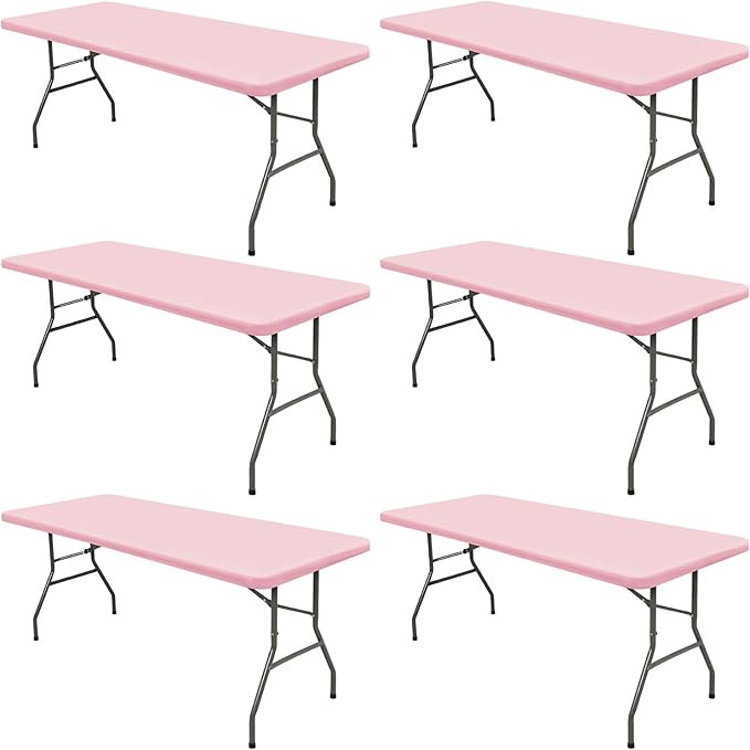6 Pack Picnic Table Cover Fitted Elastic Tablecloth for 6 Foot Rectangle Tables Waterproof Stretch Washable Folding Indoor and Outdoor Spandex Table Cloth for Parties Camping (Pink,30" x 72")