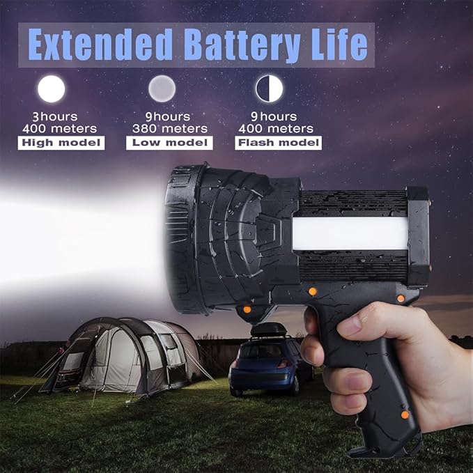 YIERBLUE Rechargeable Spotlight, Super Bright High Lumen LED Handheld Spotlight Long Lasting Large Flashlight Searchlight and Flood Camping Flashlight with Foldable Tripod Black