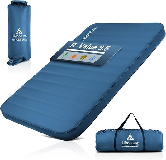 Hikenture 4 INCH Thick Self Inflating Sleeping Pad 9.5 R Value, Comfort Plus Camping Mattress with Pump Sack, Inflatable Foam Insulated Camping Pad, Camping Mat 4-Season (Light Blue, Double (80"×52"))