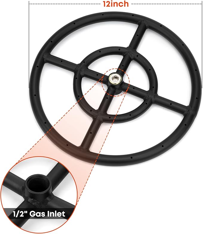 Stanbroil 12 Inch Round Fire Pit Burner Ring for Natural Gas & Propane - Black Steel for Indoor & Outdoor Fireplace, BTU 92,000 Max