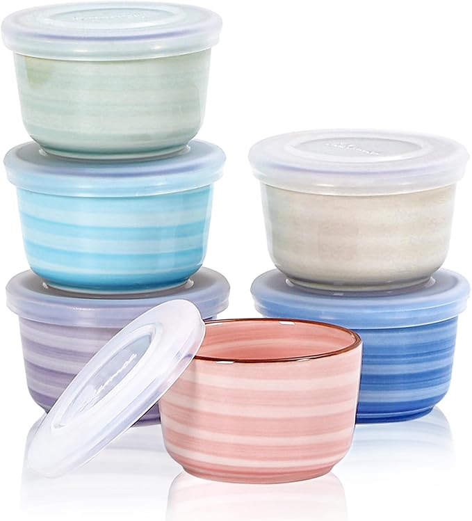 Selamica Ramekins with Lids 8 oz, Creme Brulee Ramekins Oven Safe, Souffle Dishes Porcelain Custard Cups for Baking, Small Bowls for Dipping, Pudding, Ice Cream, Set of 6, Gradient Color