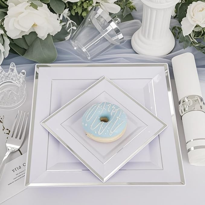 Festiva 350Pcs Silver Plates - Silver Square Plastic Plates 9 .5" and 6" - serve for 50 guests include 50 Cups 50Plastic Cutlery 50Hand Napkins Perfect for Party&Wedding&Birthday&Easter Day