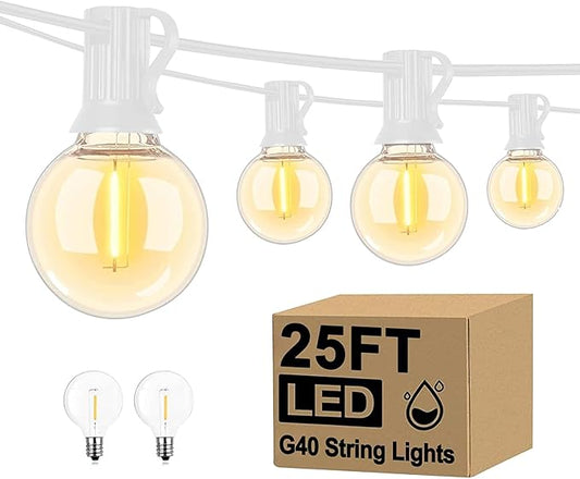 Abeja 25Ft LED Outdoor String Light, Patio Globe String Lights with 27 Shatterproof LED Clear Bulbs(2 Spare), Hanging Patio String Lights for Backyard Decor Bistro Party Yard Decor- White Wire
