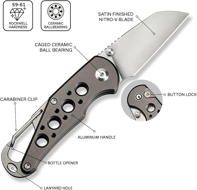 CIVIVI Pragma Folding Knife, Pocket Knife Multitool with EDC Carabiner, Bottle Opener, 2.2" Nitro-V Blade Aluminum Handle, Ideal Gift for Men Women C23062B-2 (Gray)