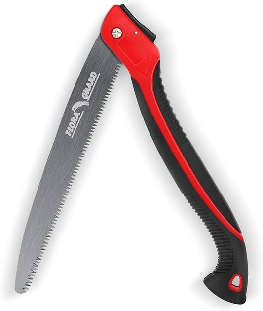 FLORA GUARD 12-Inch Folding Saw, Heavy Duty Hand Saw with Multi-Level Razer Teeth for Wood Cutting, Bushcraft and Gardening, Tree Trimming Camping Gardening Tools (Red-12")