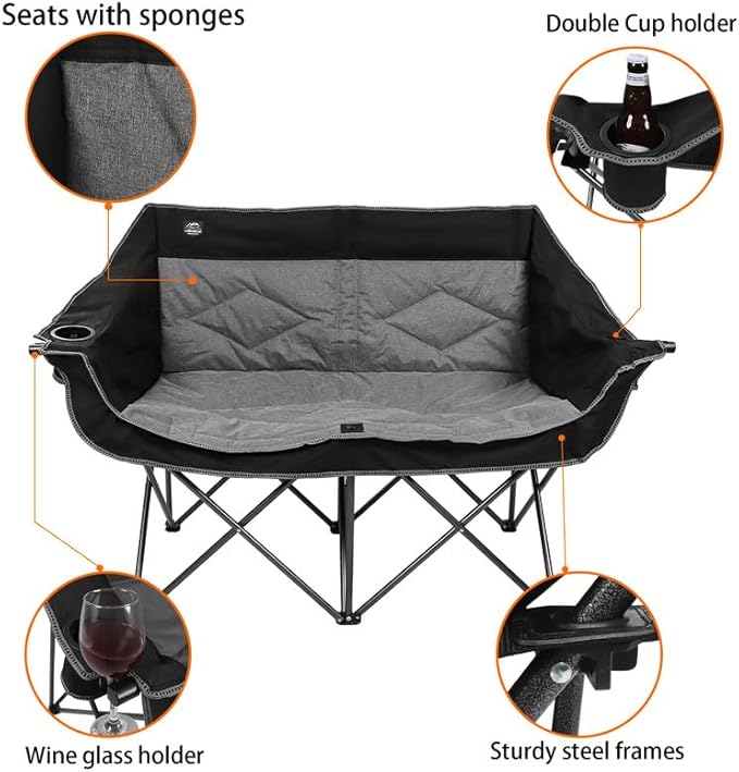 Folding Loveseat Camping Chair,Portable Double Chair w/Cup Holder,Wine Glass Holder,Carry Bag Heavy Duty Lawn Chair for 2 Adults,Perfect for Camp,Hiking,Picnics and Beach Trips,Black