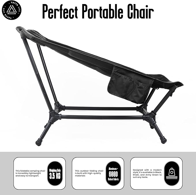 Low Back Folding Camping Chairs for Adults with Storage Pouches & Carrying Case - Foldable Lawn Chairs, Beach Chair, Fishing Chair, Portable Lightweight Outdoor Chair. (Black)