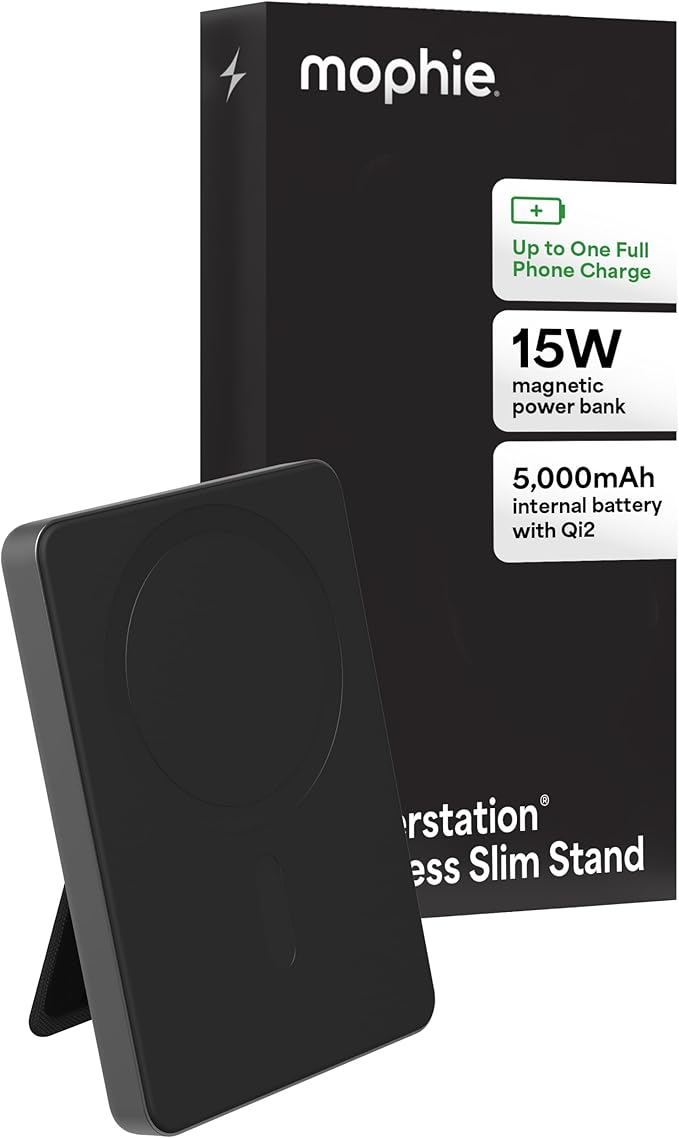 Mophie Powerstation Wireless Slim with Stand 5,000mAh Power Bank – MagSafe Compatible, 15W Qi2-Certified, 20W USB-C PD Fast Charging, Ultra-Thin Battery Pack for iPhone, Android, Travel & Airplane Use