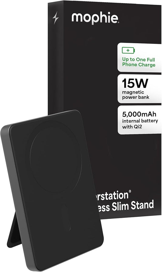 Mophie Powerstation Wireless Slim with Stand 5,000mAh Power Bank – MagSafe Compatible, 15W Qi2-Certified, 20W USB-C PD Fast Charging, Ultra-Thin Battery Pack for iPhone, Android, Travel & Airplane Use