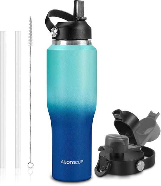Insulated Water Bottle 40oz with Straw/Spout Lids, Stainless Steel Water Bottles Keep Cold 24h&Hot 12h, Metal Water Bottle with Straw that Fits in Cup Holder, Water Bottle Leak-proof,BPA Free