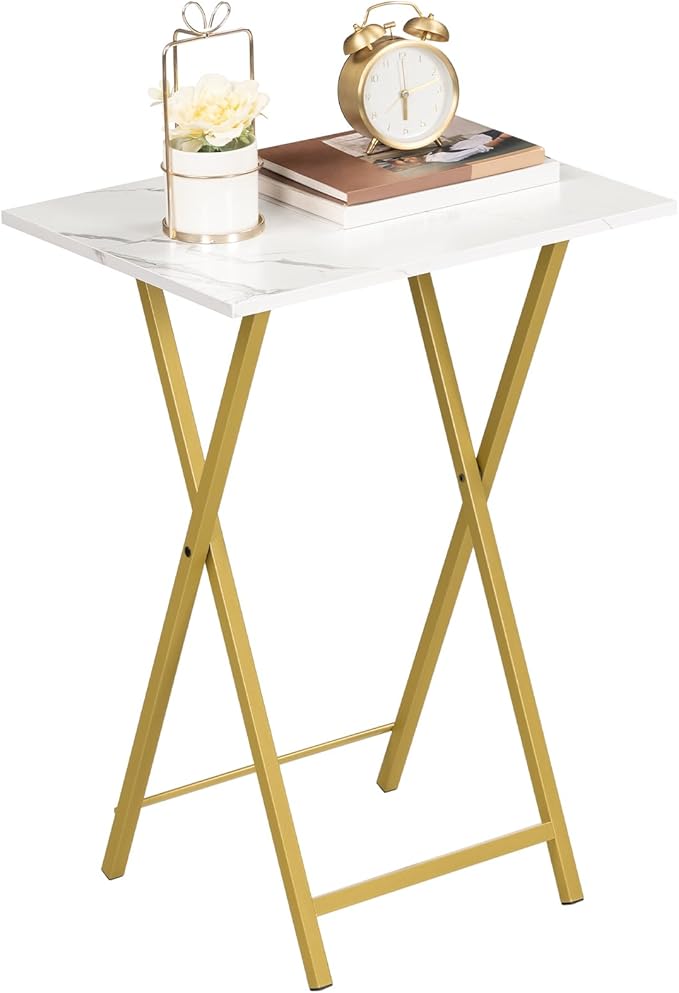 HOOBRO Folding TV Tray Tables, Set of 2 Stable Snack Table for Small Space, Portable Sofa Side Table, Easy Assembly and Storage, Ideal for Snacks and Meals in Living Room, Marble and Gold DM25BZ01