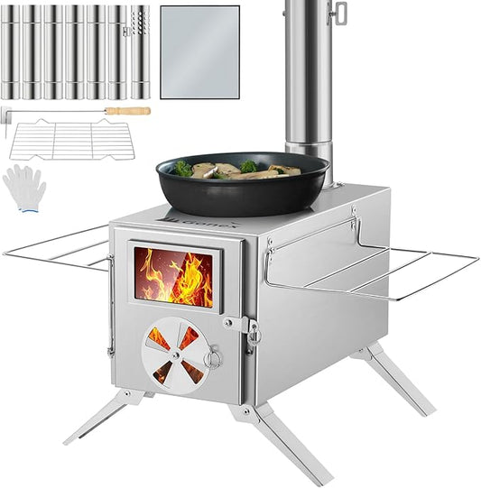 Gonex Portable Wood Stove Stainless Steel Wood Burning Hot Tent Camping Stove with Chimney Pipes & Gloves for Outdoor, Tent, Shelter, Heating, Cooking (15"X7.7")