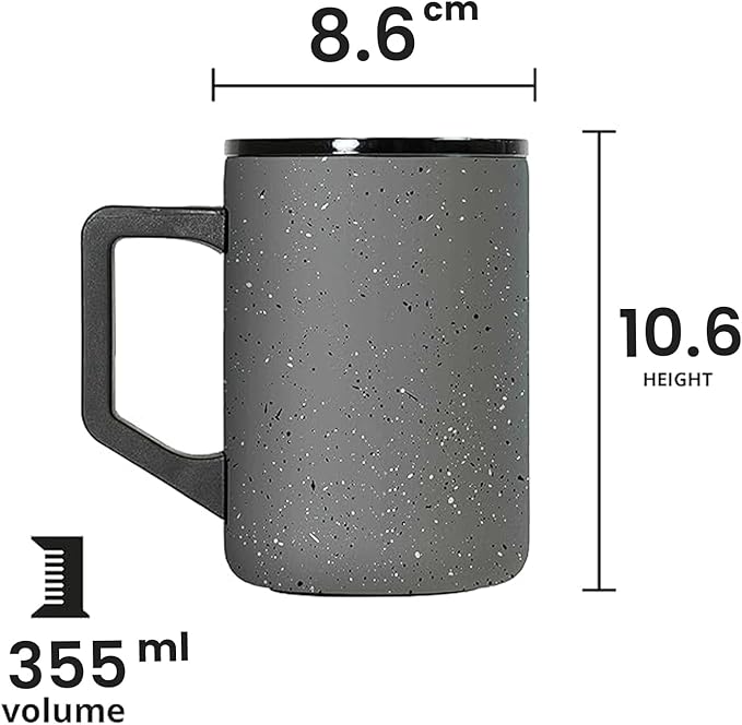 Elemental Insulated Coffee Mug - Triple-Wall Stainless Steel Summit Travel Cup for Hot and Cold Drinks - Thermal Coffee Mug with Lid and Handle for Camping, Office & Travel 12oz - Grey Speckle