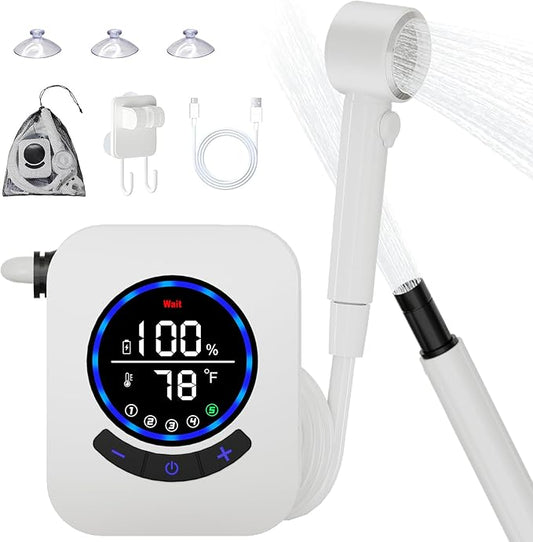 Portable Shower for Camping, 8000mAh Rechargeable Camping Shower Pump with 3X Stronger Water Flow, 5 Pressure Levels & 4 Shower Modes Outdoor Shower with Intelligent LED Display for Hiking Travel Pet