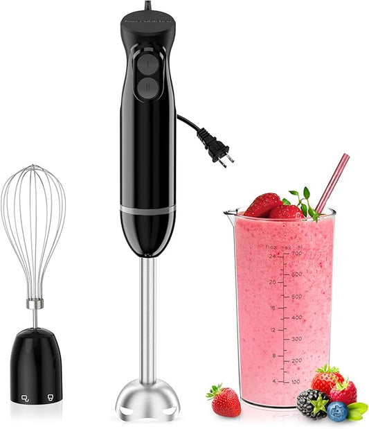 Bonsenkitchen Immersion Blender Handheld, 12-Speed and Turbo Hand Blender Electric with Sharp Blades, 3-In-1 Hand Held Stick Blender with Egg Whisk, 24oz Beaker for Soups, Smoothies, Sauce