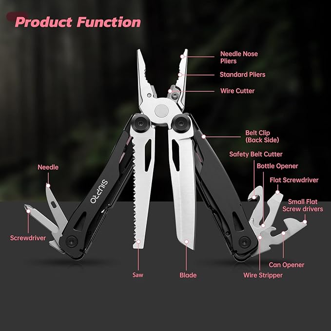 Pocket Multitool Knife for Men, Women, Tactical Multi Tool, All Self-Locking Camping Saw, Survival Pliers set With Clip and Pouch, Gifts Idea, Pink