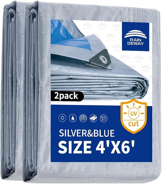 Small Tarps 4x6 Feet (2 Pack), 5.5 Mil Thick, Multipurpose Waterproof Poly Tarp Cover with Metal Grommets and Reinforced Edges, Silver/Blue Tarp by RAINDEWAY