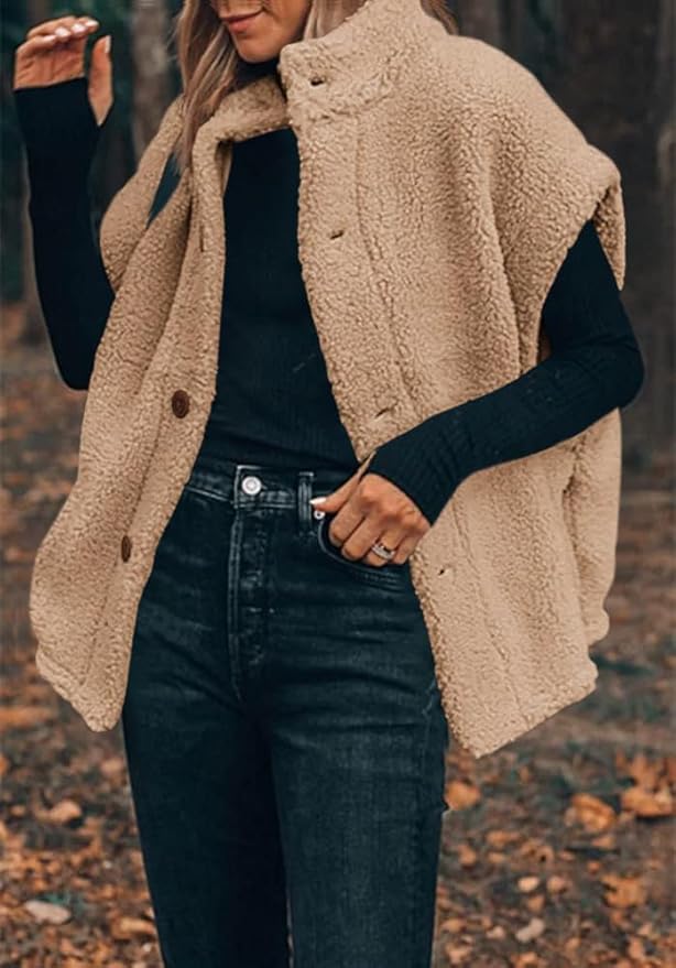 Hongqizo Womens Fuzzy Fleece Vest Casual Oversized Warm Button Down Sherpa Vest Jacket with Pockets