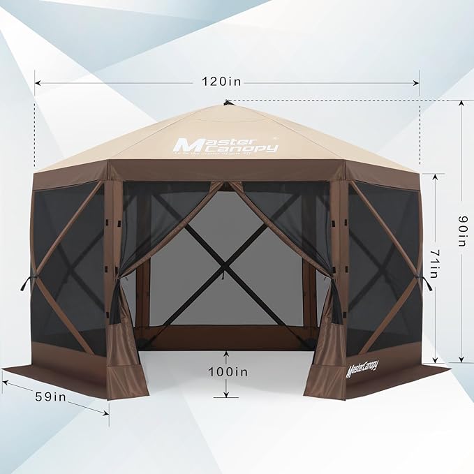 MASTERCANOPY 10x10FT Pop Up Gazebo Screen Tent - Instant Screen House with Netting, Quick Set, Outdoor Canopy Shelter with Carry Bag for Camping, Backyard & Patio (Beige&Coffee)