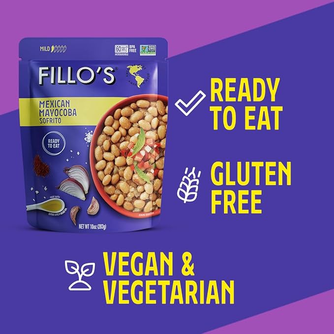 Fillo's Mexican Mayocoba Beans - Ready to Eat Beans, Gluten-Free, Preservative-Free, Microwavable, Non-GMO, Vegan Friendly, Plant Protein, 10 oz Pk of 6